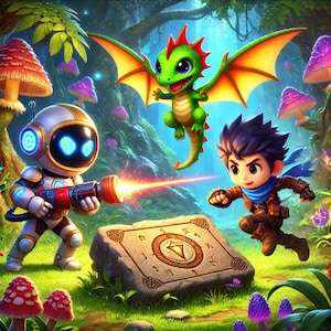 May include: A white robot with a red and silver blaster fires a beam of light at a stone tablet with a symbol on it. A green dragon with red wings flies above the tablet. A boy with blue hair and a blue scarf runs towards the tablet.