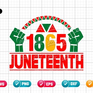 May include: A red, green, and yellow graphic design with raised fists on either side of the year 1865 and the word "Juneteenth" below.