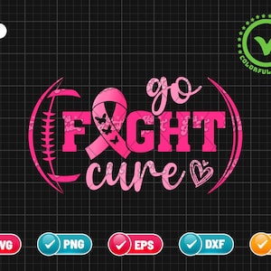 May include: Pink ribbon with butterflies, a football, and the text "go FIGHT cure" with a pink heart. This design is perfect for breast cancer awareness.