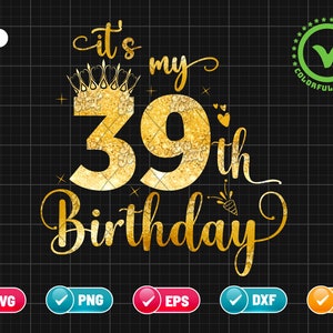 Puede incluir: Diseño gráfico de purpurina dorada con el texto "it's my 39th birthday" con una corona sobre el número 39.