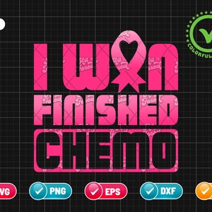 May include: Pink graphic with the text "I Won Finished Chemo" and a pink ribbon with a heart in the center.