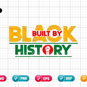 Op de afbeelding: Grafisch ontwerp voor Black History Month met de tekst "Built by History" in geel, rood en groen. Een gebalde vuist bevindt zich in het midden van het woord "History".