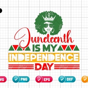 Op de afbeelding: Een digitaal ontwerp met een vrouw met een afro die een kroon en een zonnebril draagt. De tekst "Juneteenth is my Independence Day" is geschreven in rood, groen en geel.
