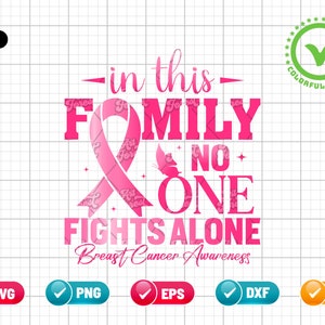 May include: Pink ribbon with a butterfly design and the text "In this family no one fights alone. Breast Cancer Awareness".