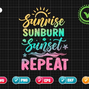 May include: Sunrise, Sunburn, Sunset, Repeat text graphic with a sun, waves, and seashells in a rainbow gradient.