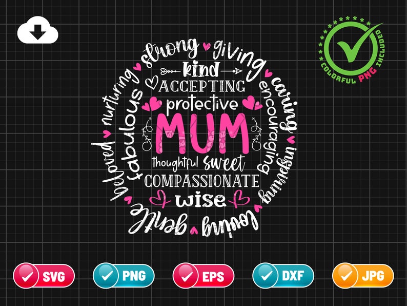 May include: A pink and white graphic design with the word "MUM" in the center surrounded by words describing a mother, such as "loving", "caring", "thoughtful", "strong", "wise", and "compassionate".