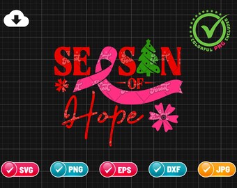 May include: Red and pink graphic design with the text "Season of Hope" and a pink ribbon, a Christmas tree, and a pink flower.