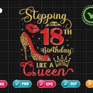 May include: Gold glitter graphic design with the text "Stepping into my 18th Birthday Like a Queen" with a red glitter number 18, a red glitter lip print, a gold glitter crown, and a leopard print high heel shoe.