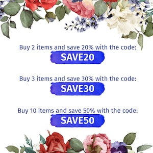 May include: A white background with floral borders, featuring a blue watercolor banner with the text "SAVE20" for buying 2 items, "SAVE30" for buying 3 items, and "SAVE50" for buying 10 items.