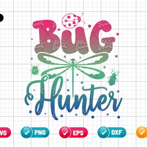 May include: A colorful graphic design with the text "Bug Hunter" in a gradient of pink, blue, and green. A dragonfly is in the center of the design, and there are small bugs around the text.