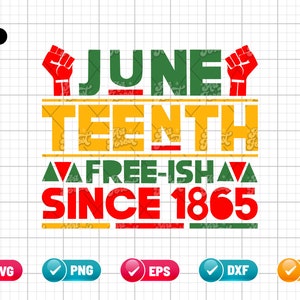 May include: A graphic design featuring the text "Juneteenth Free-ish Since 1865" in red, green, and yellow. The text is surrounded by two raised fists in red.