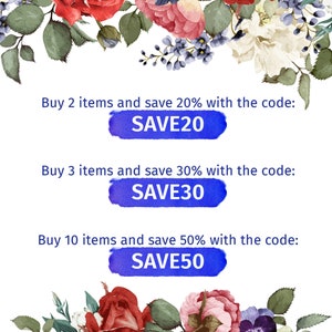 May include: A white background with floral borders and blue text boxes. The text boxes contain the following information: Buy 2 items and save 20% with the code: SAVE20. Buy 3 items and save 30% with the code: SAVE30. Buy 10 items and save 50% with the code: SAVE50.