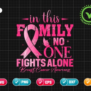 May include: Pink ribbon with a butterfly graphic and the text "In this family no one fights alone. Breast Cancer Awareness".