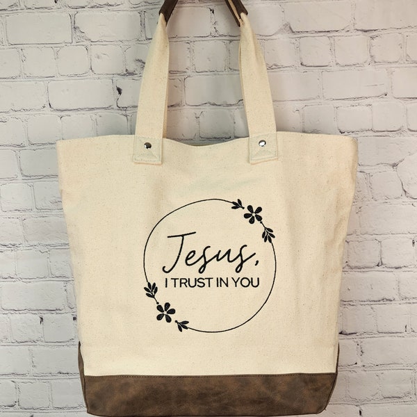 Catholic Embroidered Canvas Tote Bag/Christian Bag/Jesus I Trust in You/Faith Based/Religious Gift/Gift for Her/Birthday/Confirmation