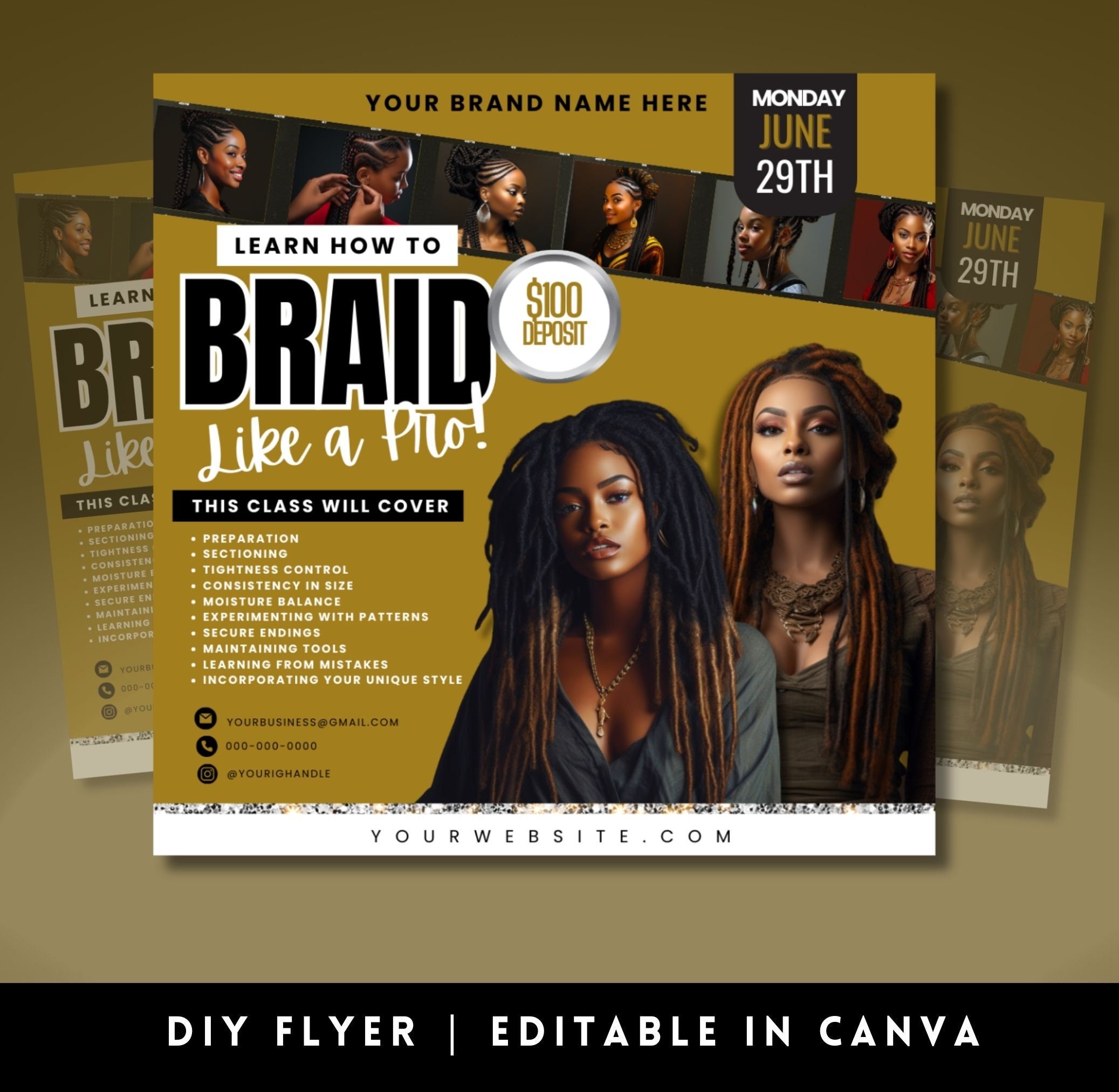 Canva Braid Like a Pro Flyer Template | Gold Braid Class Course Flyer ...