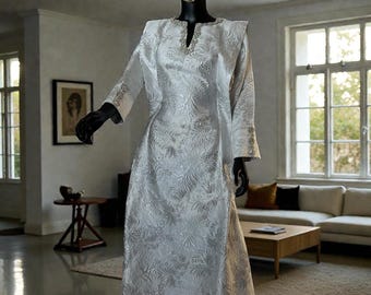 White Brocade Bubu Dress, Adjustable Kaftan with Headtie