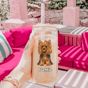 Benutzerdefinierte Yorkie Dog Glasbecher mit Bambusdeckel & Stroh, personalisierte Yorkiepoo Sipper Cup, personalisierte Yorkie Tumbler, kundenspezifische Yorkie Geschenke
