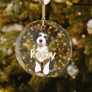 Personalized Bernedoodle Ornament, Custom Dog Ornament, Glass Holiday Decor, Berne Doodle Gift, Christmas Ornament, Dogs First Christmas