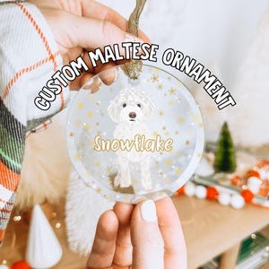 May include: A white Maltese dog ornament with a gold snowflake design and the name "Snowflake" on a clear glass circle. The ornament is hanging from a gold string.