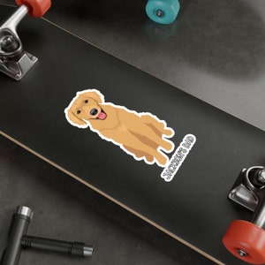 K&ouml;nnte beinhalten: Ein Aufkleber mit einem Cartoon-Golden-Retriever-Hund, der mit herausgestreckter Zunge sitzt. Unter dem Hund steht der Text "Jackson's Dad".