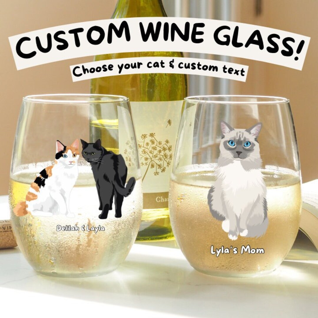 Custom Cat Wine Glass Using Name &amp; Photo, Personalized Cat Stemless ...