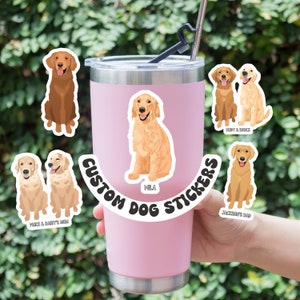 K&ouml;nnte beinhalten: Ein Set mit vier individuellen Hundestickern mit Golden Retrievern. Jeder Sticker zeigt einen anderen Hund mit seinem Namen. Die Sticker sind auf einem rosa Hintergrund mit dem Text "Custom Dog Stickers".
