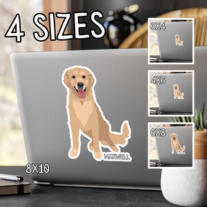 K&ouml;nnte beinhalten: Eine digitale Illustration eines Golden Retriever Hundes mit dem Namen "MAXWELL" darunter. Das Bild wird auf einem Laptop-Bildschirm angezeigt, auf dem vier verschiedene Gr&ouml;&szlig;en aufgef&uuml;hrt sind: 3x4, 4x6, 6x8 und 8x10.