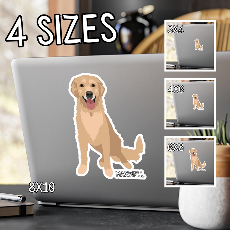 K&ouml;nnte beinhalten: Eine digitale Illustration eines Golden Retriever Hundes mit dem Namen "MAXWELL" darunter. Das Bild wird auf einem Laptop-Bildschirm angezeigt, auf dem vier verschiedene Gr&ouml;&szlig;en aufgef&uuml;hrt sind: 3x4, 4x6, 6x8 und 8x10.