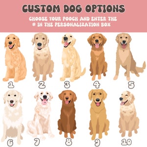 K&ouml;nnte beinhalten: Zehn verschiedene Illustrationen von Hunden in verschiedenen Posen, nummeriert von 1 bis 10. Die Hunde sind alle Golden Retriever, au&szlig;er Hund Nummer 8, der ein brauner Hund ist.