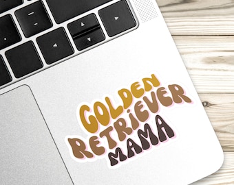 Peut inclure: Un autocollant avec le texte "Golden Retriever Mama" dans une police rétro. Le texte est dans des tons de brun, jaune et rose.