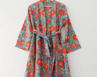 Hand Block Print Kimono Robe, Cotton Bathrobe, Lightweight Cotton Robe, Cotton Dressing Gown, Floral Kimono, Wood Block Printed, Midi Robe