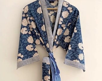 Cotton Kimono Robe Dressing Gown, Block Print Bridesmaid Robe, Summer Nightwear, One Size