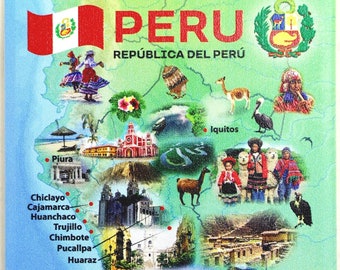 Imán para nevera con mapa gráfico y atracciones de Perú, 2,5" x 3,5"