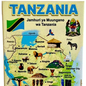 Imán para nevera con imagen de Tanzania, mapa gráfico y atracciones, 2,5" x 3,5"
