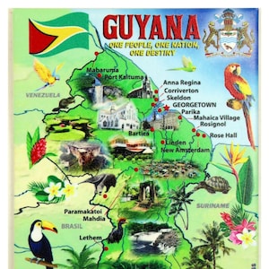 Imán para nevera con mapa gráfico y atracciones de Guyana, 2,5" x 3,5"