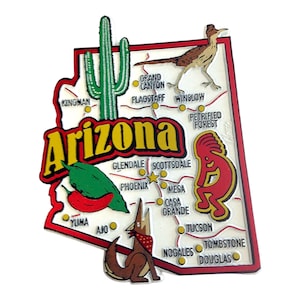 Imán de recuerdo coleccionable para nevera con diseño de mapa y monumentos del estado de Arizona