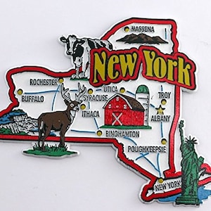 Carte de l'état de New York et collage de monuments, réfrigérateur, aimant de collection