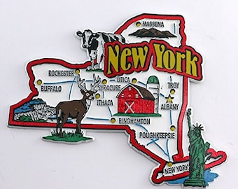 New York State Map And Landmarks Collage Fridge Souvenir Collectible Magnet