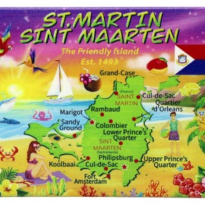 Puede incluir: Imán rectangular de recuerdo con un mapa de San Martín y Sint Maarten, con ilustraciones de flora, fauna y lugares emblemáticos locales. El texto dice "St. Martin Sint Maarten, The Friendly Island, Est. 1493."