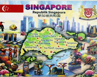 Aimant de réfrigérateur souvenir carte graphique et attractions de Singapour 2,5" X 3,5"