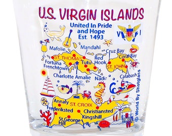Monumenten en pictogrammen met collage van borrelglas met bezienswaardigheden en pictogrammen van de Amerikaanse Maagdeneilanden