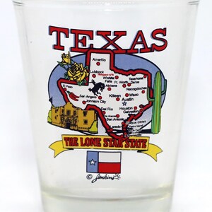 Vaso de chupito con el mapa de elementos del estado de Texas