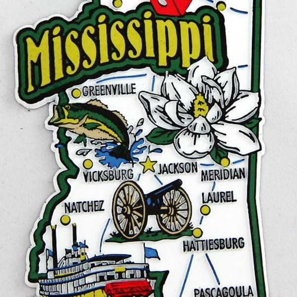 Mississippi State Map and Landmarks Collage Fridge Collectible Souvenir Magnet