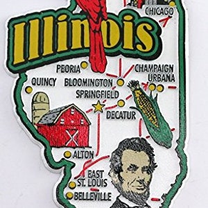 Magnete souvenir da collezione per frigorifero con mappa dello stato dell'Illinois e punti di riferimento