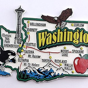 Carte de l'État de Washington et collage de monuments, souvenirs, aimant de collection