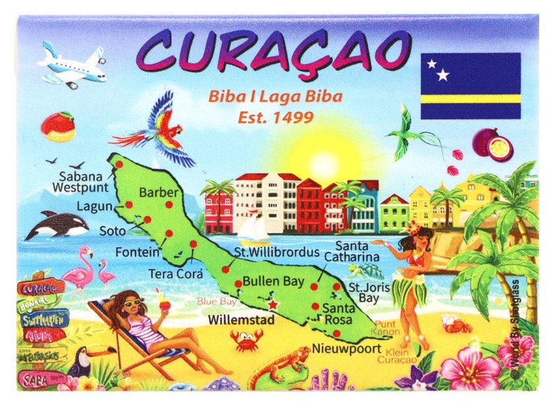 May include: A colorful illustration of the island of Cura&ccedil;ao, with a map of the island, landmarks, and a woman relaxing on a beach. The text "Cura&ccedil;ao" is written in large, bold letters at the top of the image. The text "Biba I Laga Biba Est. 1499" is written below the island name. The flag of Cura&ccedil;ao is in the upper right corner of the image.