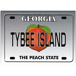 May include: A silver metal license plate with the text "GEORGIA" and "TYBEE ISLAND" in black. The plate also features a peach with green leaves and the text "THE PEACH STATE".