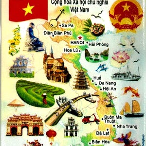 Vietnam Graphic Map and Attractions Souvenir Fridge Magnet 2.5&quot; X 3.5&quot;