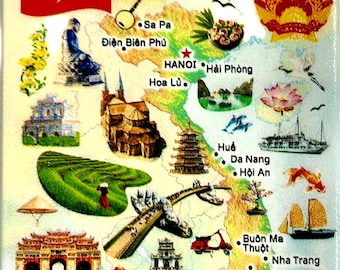 Vietnam Graphic Map and Attractions Souvenir Fridge Magnet 2.5" X 3.5"