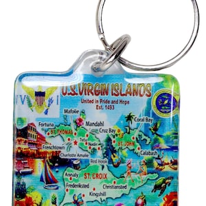 Chaveiro quadrado acrílico de lembrança do mapa das Ilhas Virgens dos EUA 1,5" x 1,5"